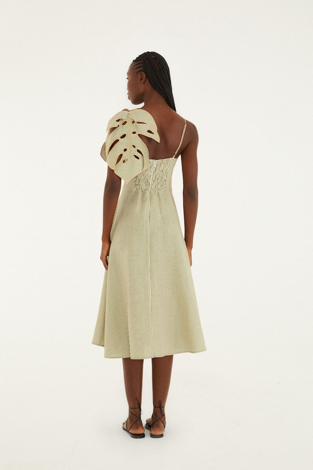 Green Striped 3d Monstera Leaf Euroflax™ Premium Linen Midi Dress