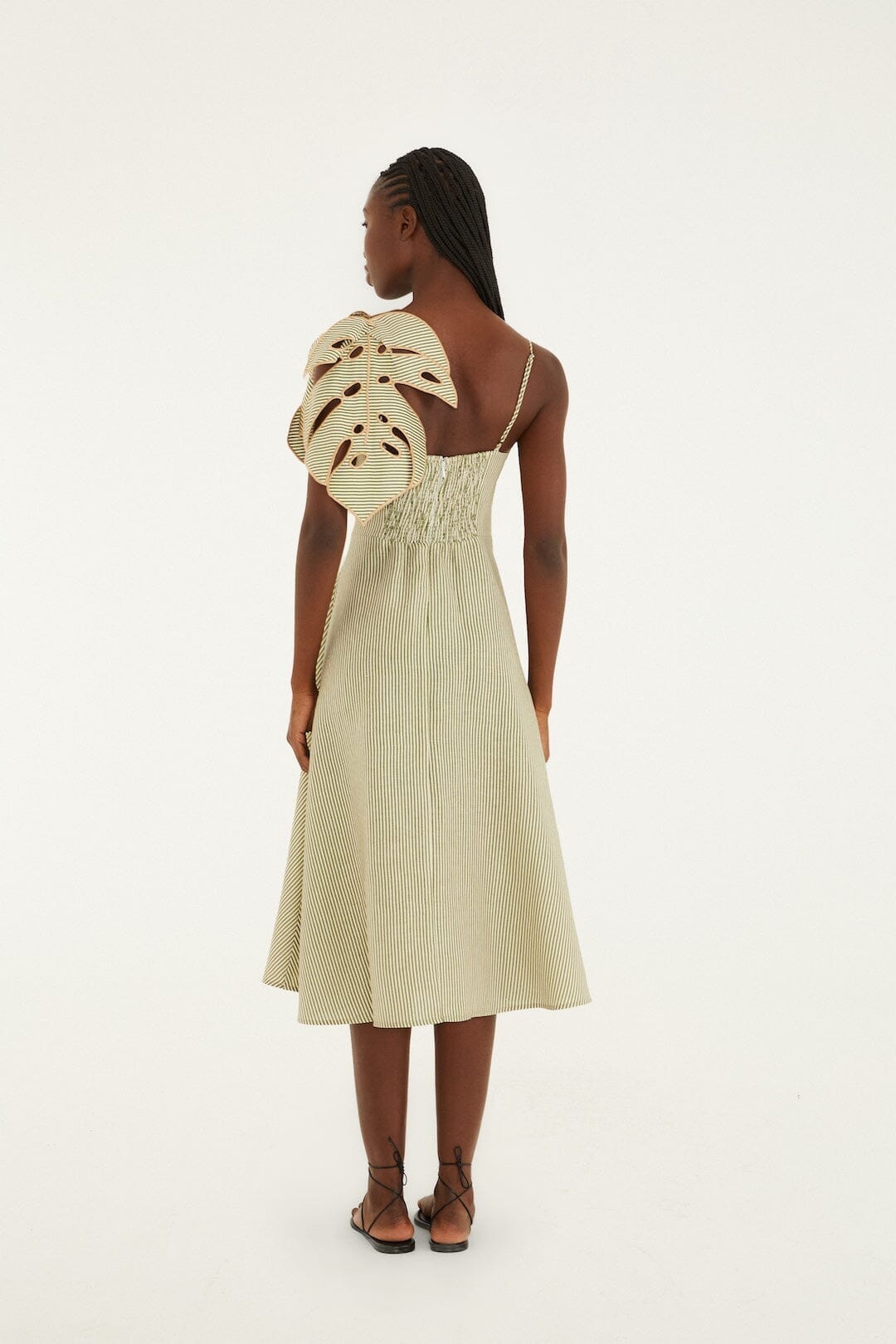 Green Striped 3d Monstera Leaf Euroflax™ Premium Linen Midi Dress